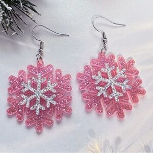 Glittering Pink Snowflake Earrings